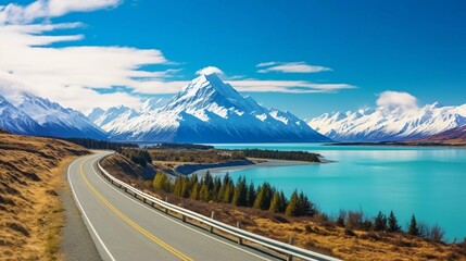 A scenic road curves along a turquoise lake with snow-capped mountains in the background.