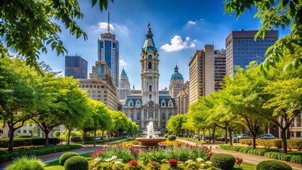 Fototapeta premium Stunning View of Philadelphia City Hall from Logan Square Park Surrounded by Lush Greenery and Urban Architecture Showcasing Historic Landmark Against Clear Blue Sky