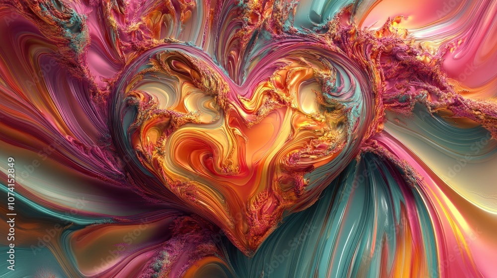 Poster abstract 3d rendering of a heart shaped design on a vibrant background