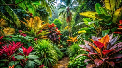 Obraz premium Vibrant Tropical Jungle - Colorful Vegetation in Rich Atmosphere, High Depth of Field Low Light Photography, Lush Greenery, Exotic Flora, Nature's Beauty, Tropical Paradise