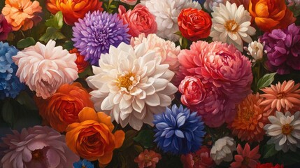 Colorful oil painting featuring an array of beautiful flowers including chrysanthemums roses and peonies