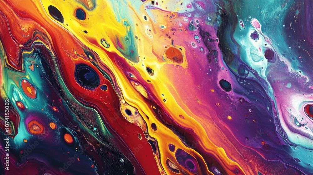 Poster colorful abstract painting with vibrant hues showcasing a dynamic blend of shapes and textures creat