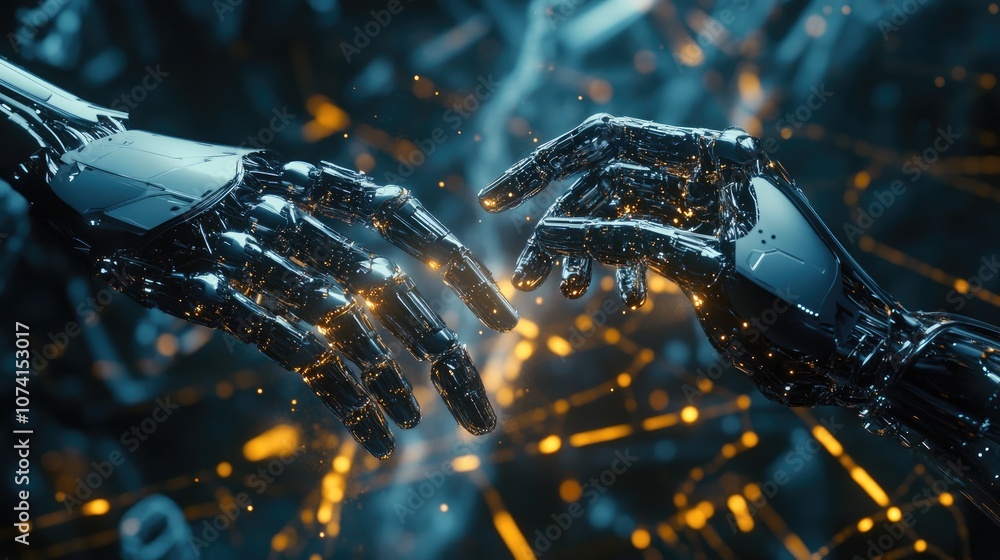 Poster 3d rendering of robotic hands interacting with an extensive ai data network showcasing digital techn