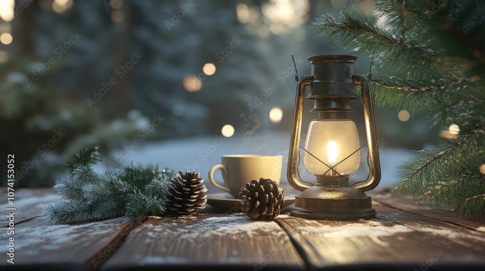 Poster christmas lantern on a rustic table accompanied by a fir branch pine cone and tea cup in a 3d render