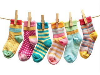 Vintage Color Socks Hanging on Clothesline - Candid Photography of Footwear in Beautiful Pastel Tones Isolated on White Background for Home Decor and Fashion Inspiration