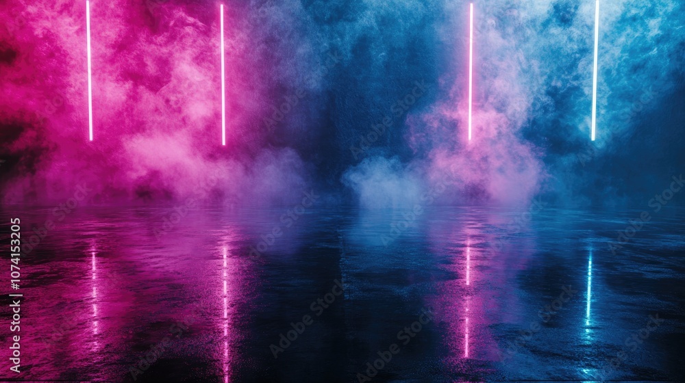 Poster empty backdrop with a dark street reflected on wet asphalt illuminated by neon light rays featuring 