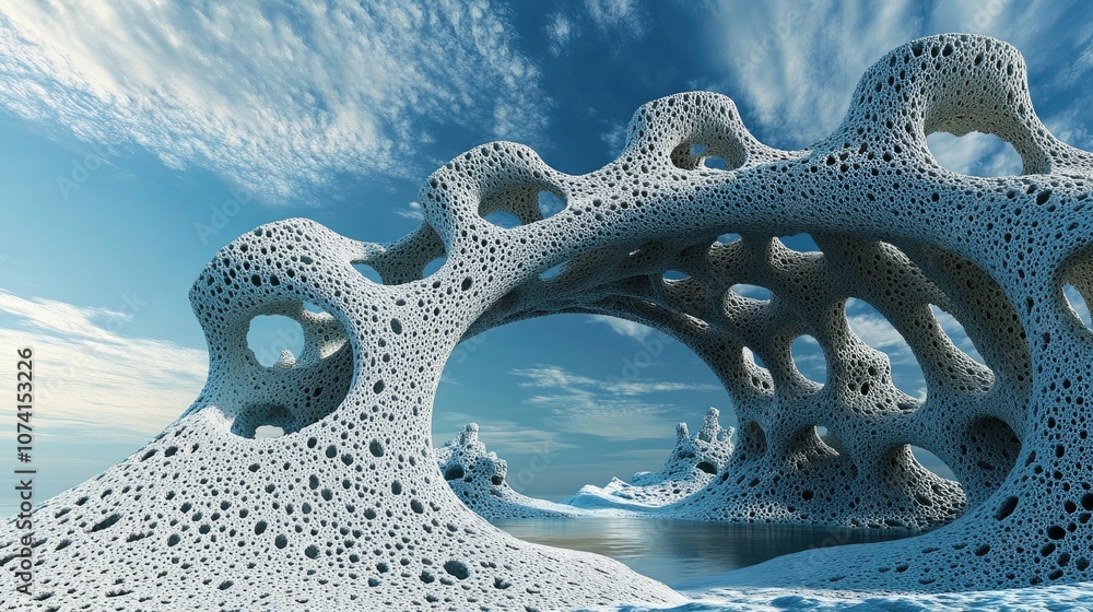 Poster abstract three dimensional fractal resembling an unusual alien structure set against a backdrop of a