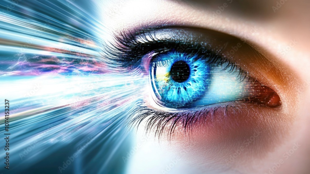 Poster futuristic technology concept featuring blue eye representation cyber security themes and abstract h