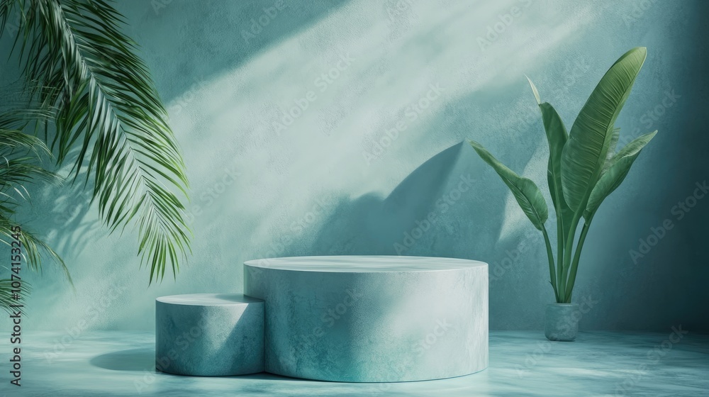 Poster 3d rendering of a product podium featuring a soft blue color palette for showcasing objects or commo