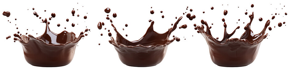 Set of delicious Dark chocolate liquid splash on white and transparent background 
