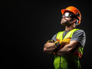 A confident construction worker wearing safety gear, including a helmet, gloves, and reflective vest, standing with crossed arms against a dark background.