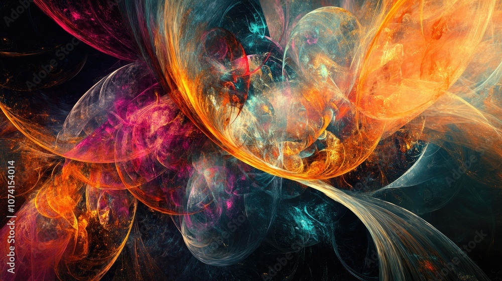 Poster abstract digital composition with intricate patterns and vibrant colors
