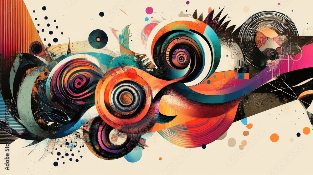 Poster abstract swirling spiral elements with geometric patterns and twisted shapes