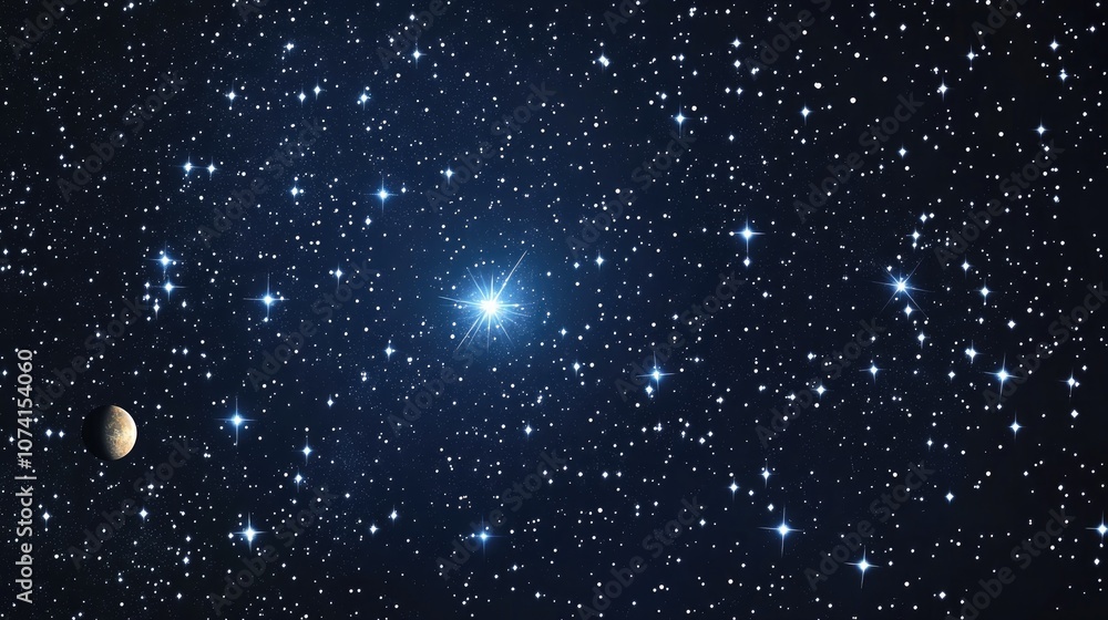 Poster 2d illustration depicting a realistic starry background in empty interstellar space bright stars pla