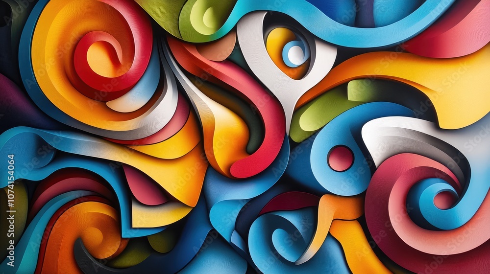 Poster three dimensional rendering of a vibrant abstract design featuring flowing shapes and dynamic colors