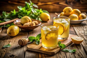 Refreshing Vintage Lemon Honey Iced Ginger Tea in Glasses with Space for Text, Perfect for Summer Drink Promotion, Natural Ingredients, Refreshing Beverage, and More