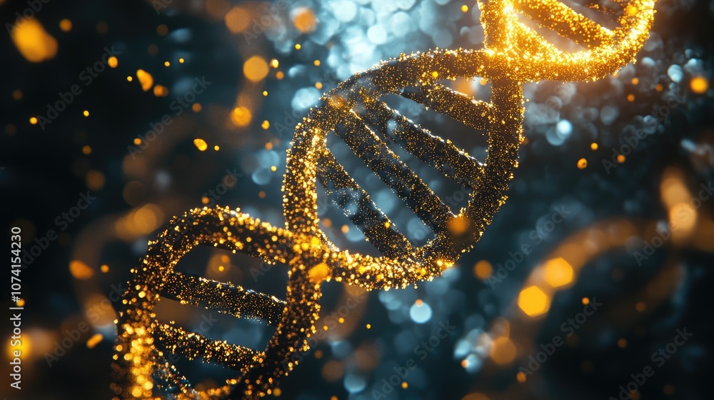 Poster 3d rendering of a helix dna structure with particles and polygons creating an illustrative backgroun