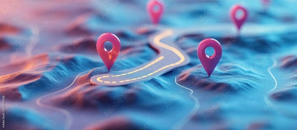 Aufkleber 3d rendering of pink location pins on a blue map with a winding road, representing navigation and jo