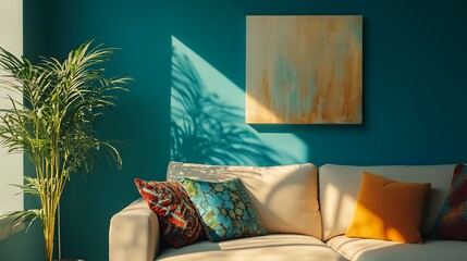 エメラルドグリーンの壁とカラフルなクッションが映えるリビングルーム | Living Room with Emerald Green Wall and Vibrant Cushions