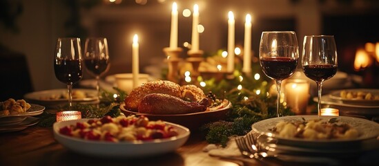 A table set for a special dinner with roasted chicken, side dishes, red wine, and candles.