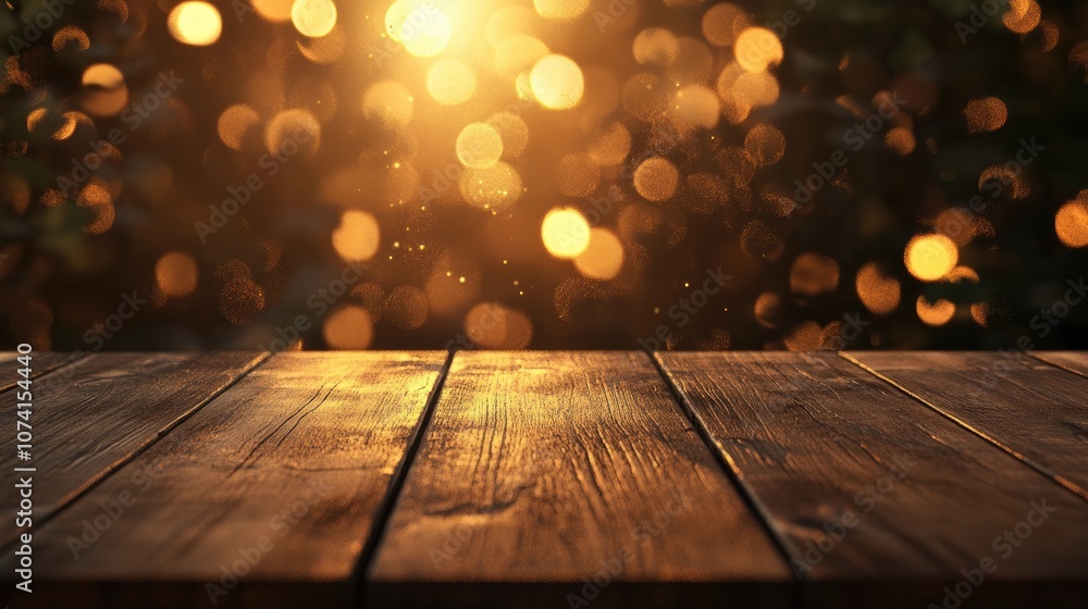Poster empty wooden tabletop with a blurred golden bokeh background creating a warm cafe ambiance 3d render