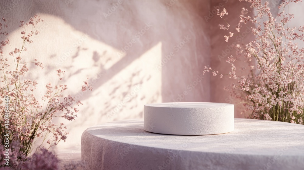 Poster 3d rendering featuring a podium against an abstract backdrop designed for showcasing cosmetic produc