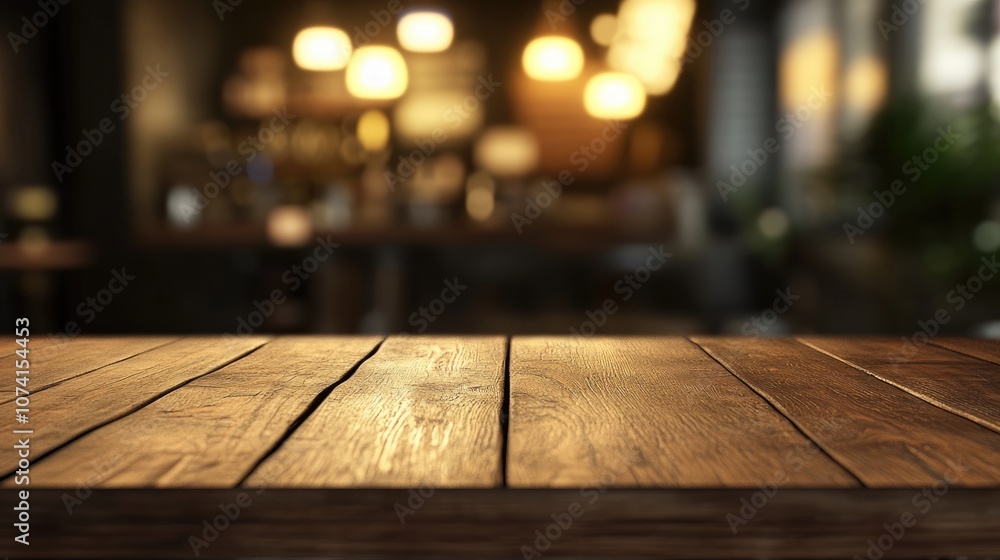 Poster empty wooden tabletop with a blurred golden bokeh background creating a warm cafe ambiance 3d render