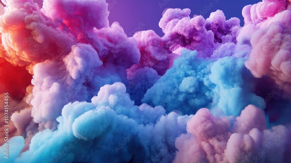 Poster colorful three dimensional cloud formations in an abstract style exploring themes of art imagination