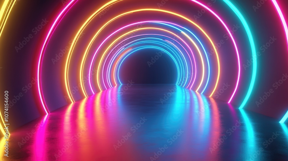 Poster neon multicolored glowing rays in a spiral pattern with reflections on the floor and walls an empty 