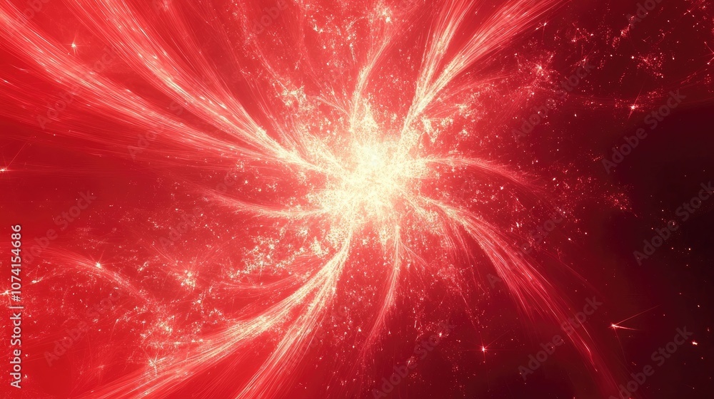 Poster abstract red background featuring a glossy fractal explosion star complemented by dynamic lines