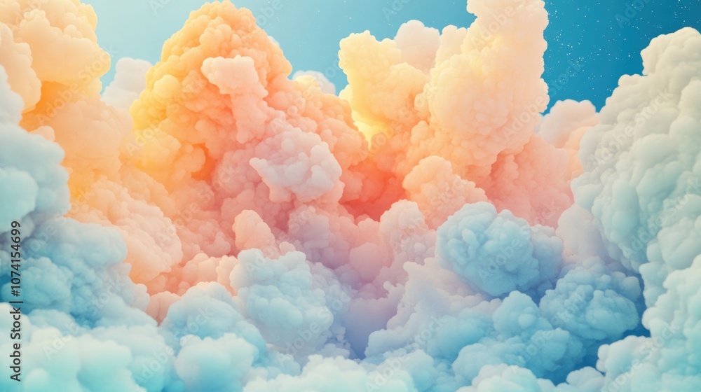 Poster colorful three dimensional cloud formations in an abstract style exploring themes of art imagination