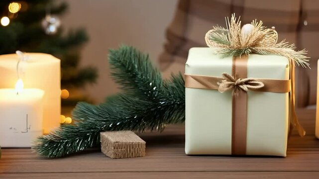 Christmas gift package wrapped cloth featuring environmentally conscious wrapping fir branches cozy winter setting ideal promoting sustainable holiday practices