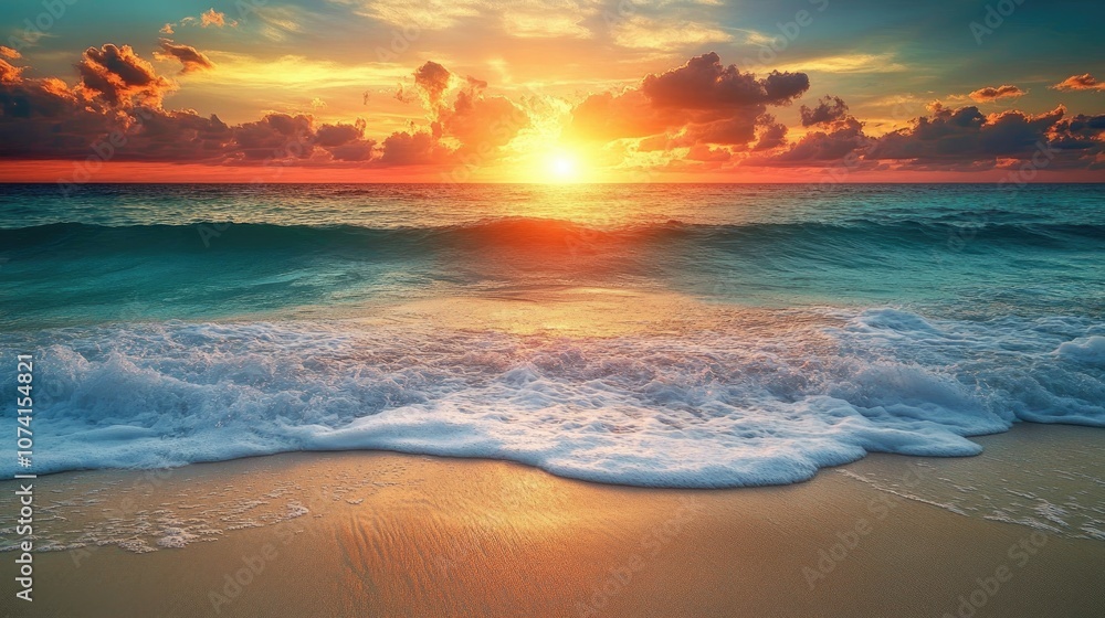 Poster sunset over a tranquil beach with gentle waves lapping at the shore creating a serene and picturesqu