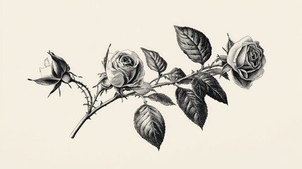 Vintage black and white engraved illustration of a rose branch