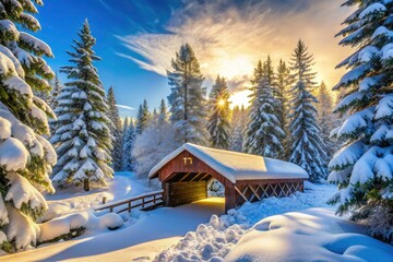 Snow-Covered Bridge in a Serene Winter Wonderland Forest with Pine Trees - Panoramic View of a Tranquil Winter Landscape, Scenic Nature Photography