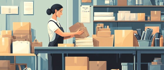 Employee organizes packing station efficiently to enhance productivity