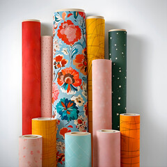 Collection of wallpaper rolls in different colors and textures, placed on a white background