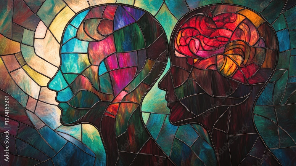 Poster human profiles and stained glass lines create a backdrop design for concepts related to the mind sci