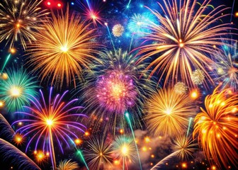Stunning Macro Photography of Bright Fireworks Bursting in a Night Sky, Vivid Colors and Explosive Patterns Captured in Detail for Festivals and Celebrations