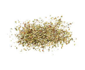 Heap of dried oregano isolated on white, top view