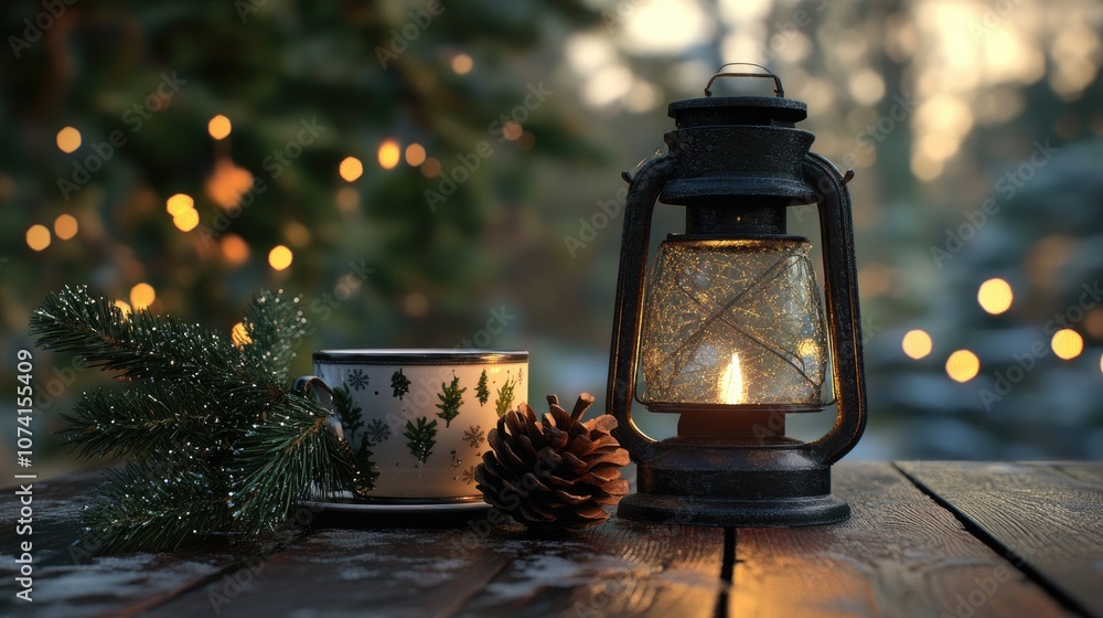 Poster christmas lantern on a rustic table accompanied by a fir branch pine cone and tea cup in a 3d render