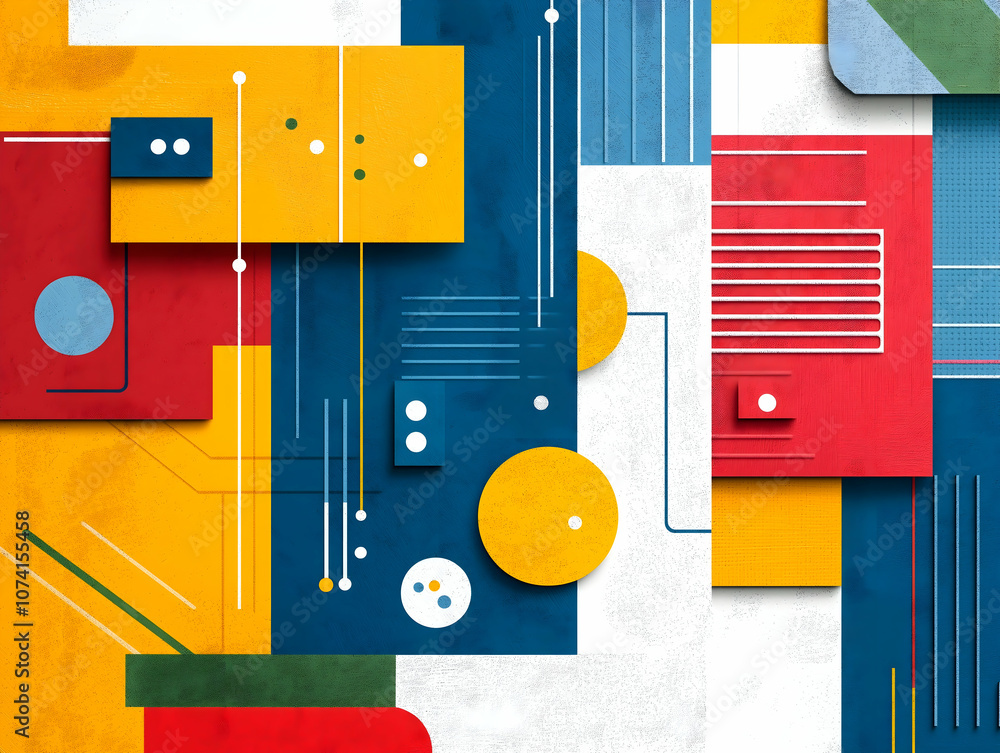 Poster a vibrant abstract composition featuring geometric shapes in bold colors, creating a dynamic visual 