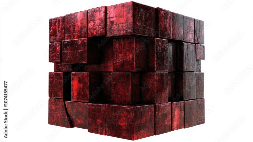 Poster 3d rendering of a dark red cube made up of square fragments set against a white background showcasin