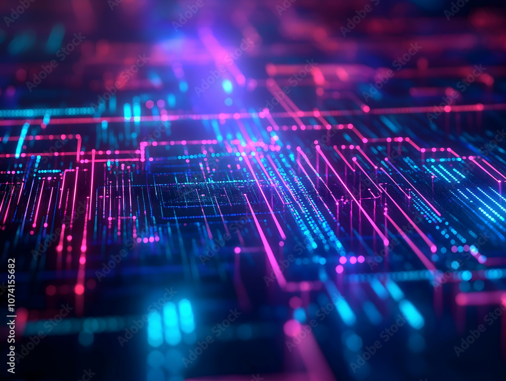 Poster a vibrant digital landscape of neon lines and circuits, showcasing advanced technology and data conn