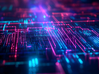 A vibrant digital landscape of neon lines and circuits, showcasing advanced technology and data connectivity in a futuristic setting.