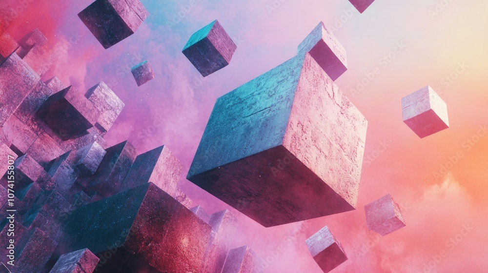 Poster large block breaks down into smaller cubes against an abstract background 3d rendering