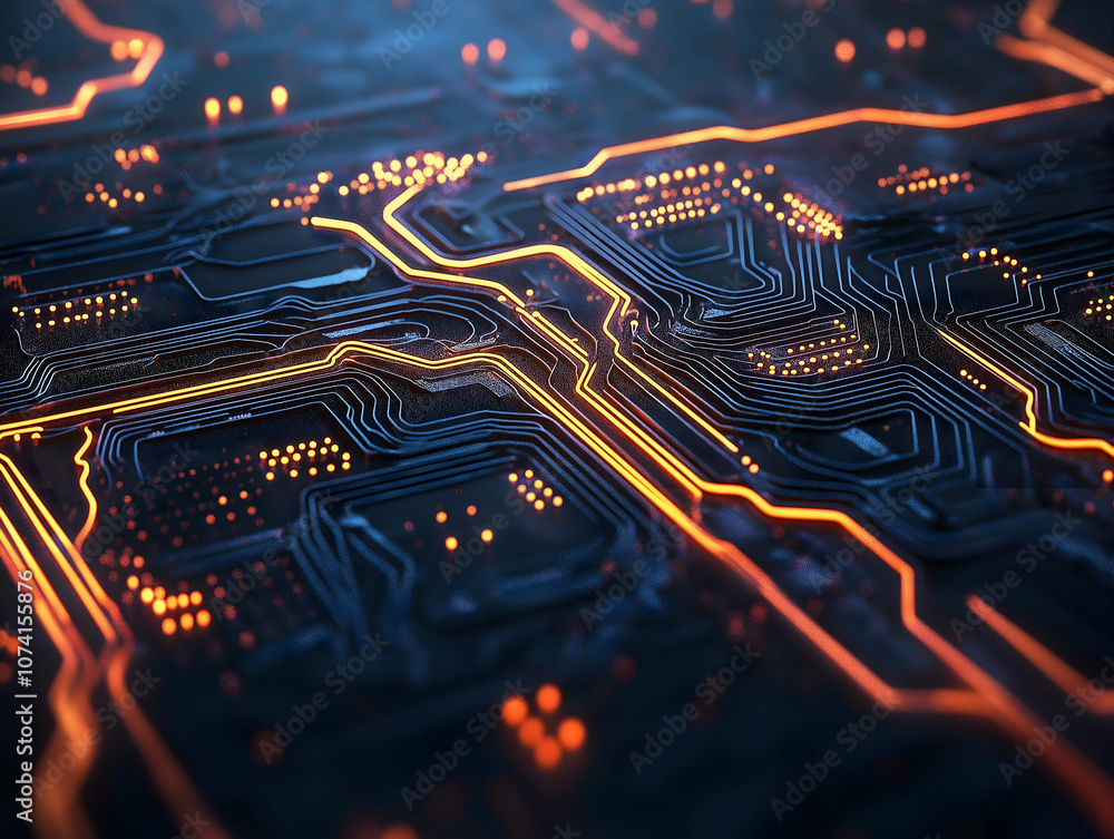 Poster a close-up view of a circuit board with glowing pathways, showcasing intricate designs in a dark env