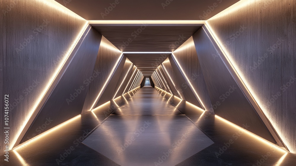 Poster spacious illuminated corridor featuring a modern concrete backdrop and a futuristic triangular tunne