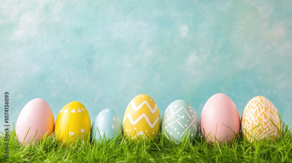 Poster soft pastel minimal easter design featuring colorful easter eggs and grass in the background providi