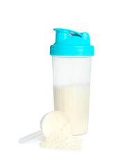 Protein powder, scoop and shaker isolated on white